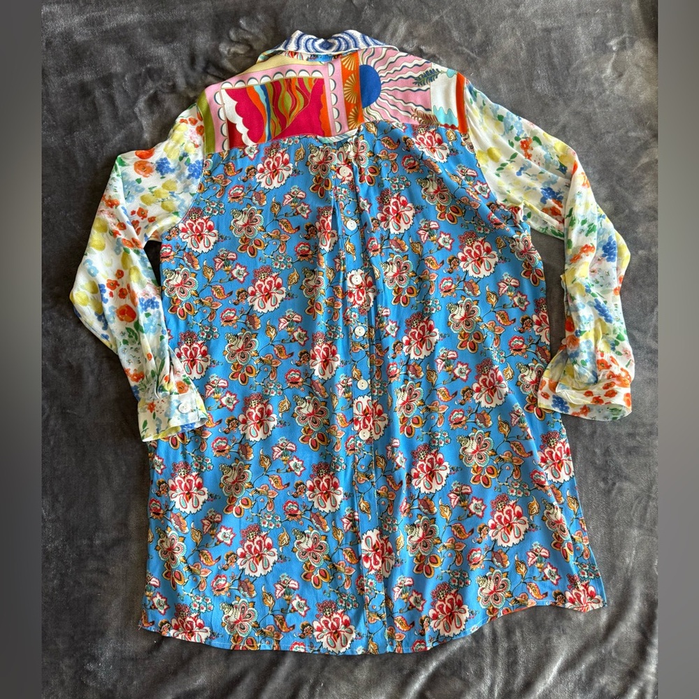 JOHN MARK Patchwork Floral Print Roll Tab Sleeves Tunic Shirt Size M Boho RARE - Picture 14 of 16
